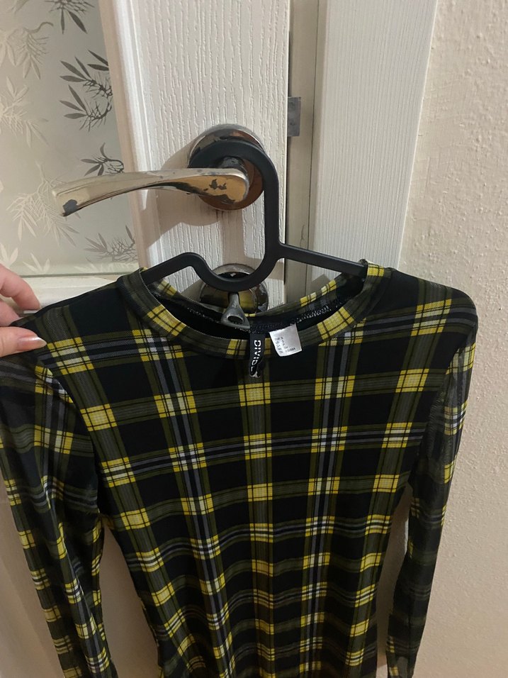 Sarı Siyah Ekose Uzun Kollu Midi Elbise - Görsel 4