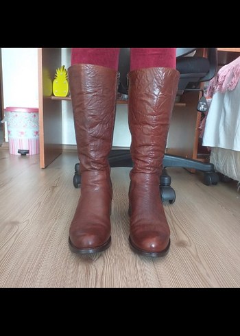 Kahverengi Kadın Deri Diz Boyu Bot