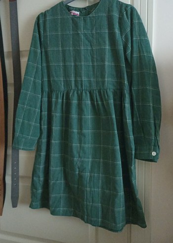 Uzun Kol Düğmeli Yeşil Keten Elbise - Görsel 2