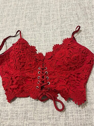 Diğer Crop kırmızı dantelli ipli