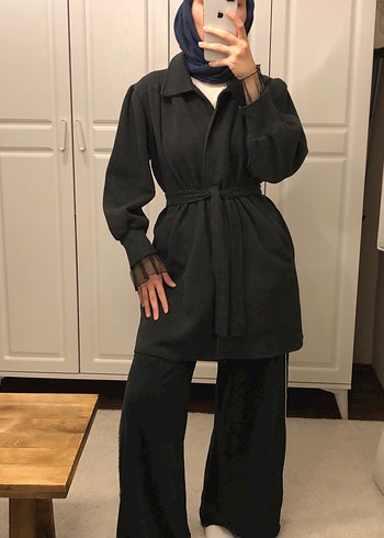 Gri Kemerli Kadın Yün Kaban - Görsel 5