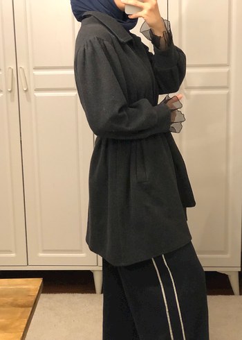 Gri Kemerli Kadın Yün Kaban - Görsel 2