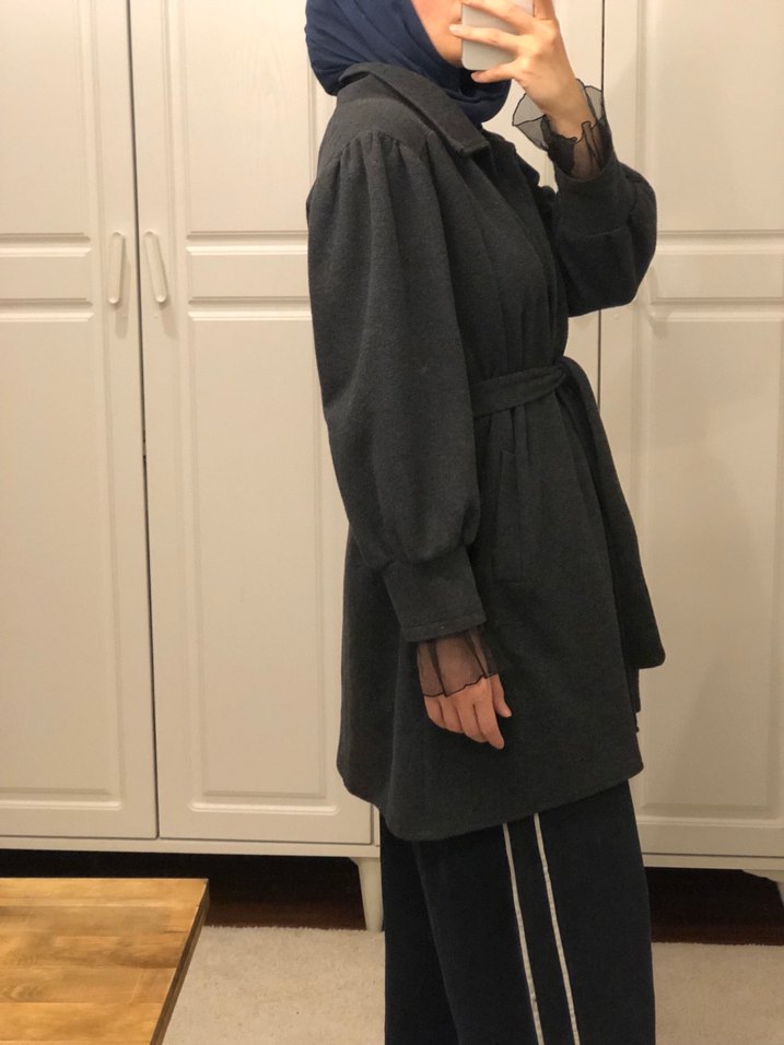 Gri Kemerli Kadın Yün Kaban - Görsel 4