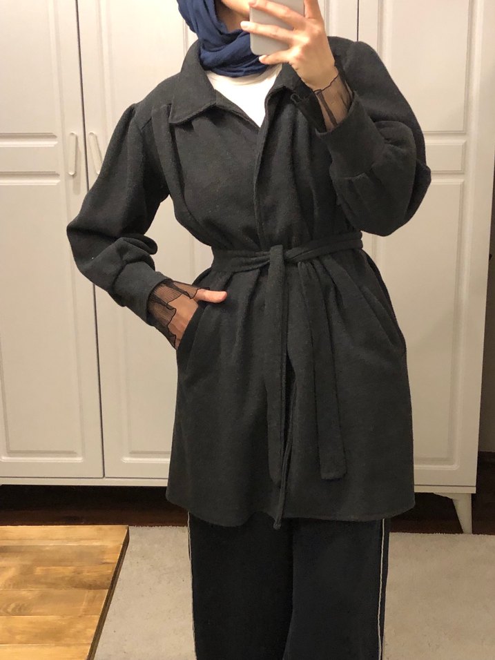 Gri Kemerli Kadın Yün Kaban - Görsel 3