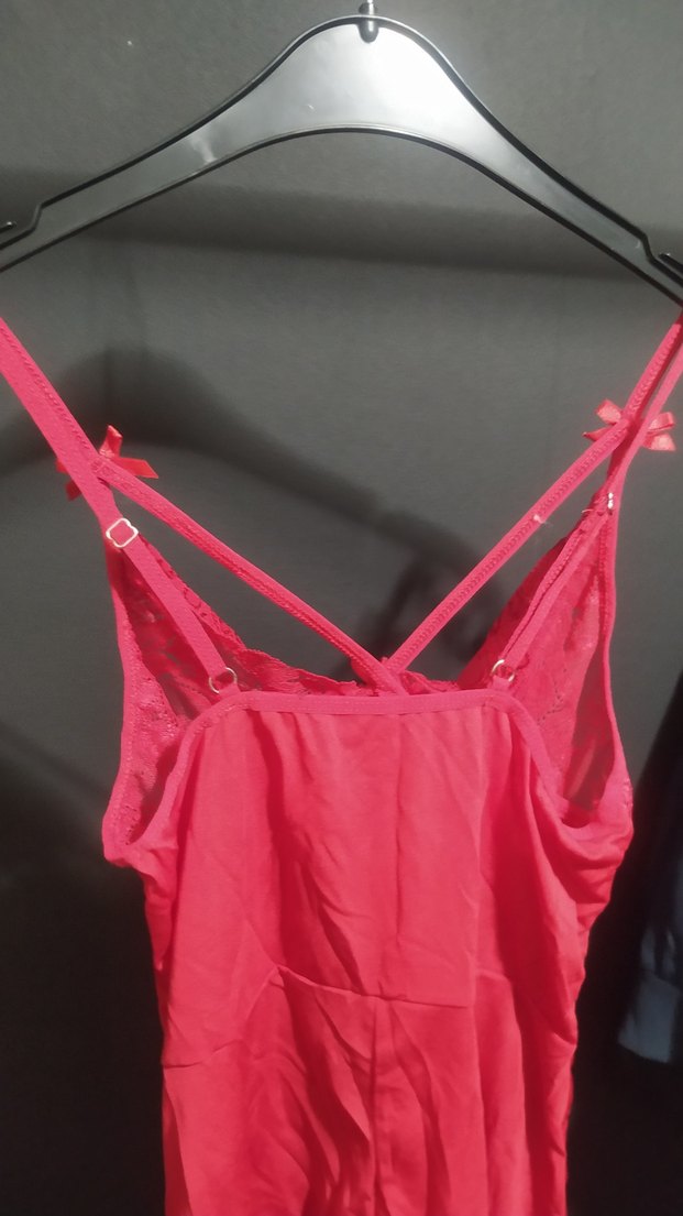 Pembe Dantel Detaylı İnce Askılı Midi Gecelik - Görsel 2