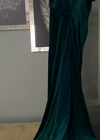 Yeşil Drapeli Uzun yırtmaçlı kadife Abiye Elbise - Görsel 5