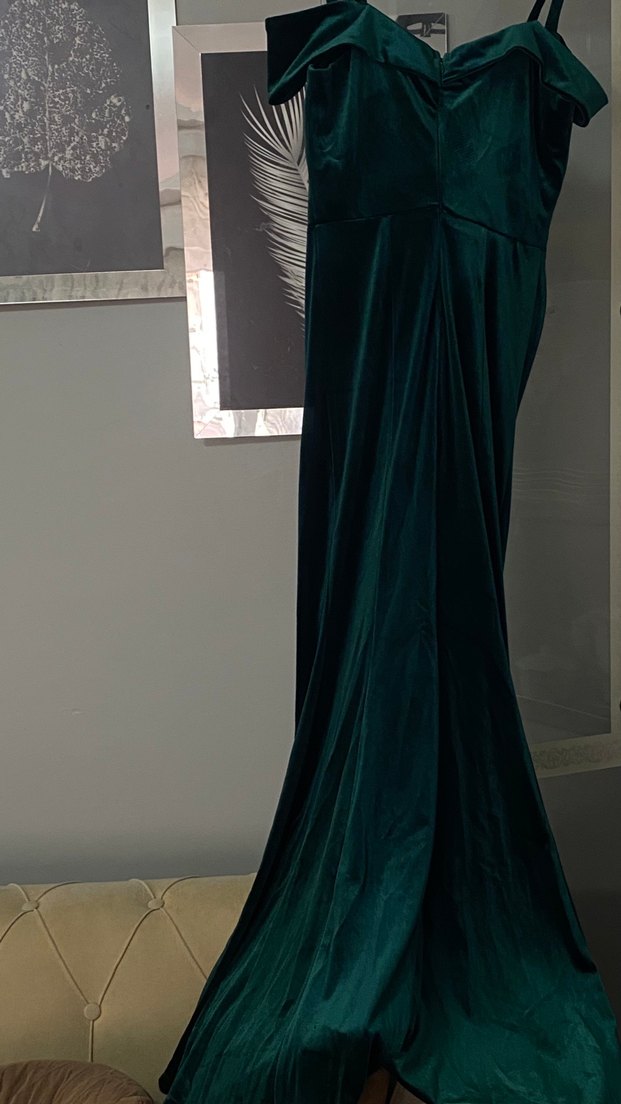 Yeşil Drapeli Uzun yırtmaçlı kadife Abiye Elbise - Görsel 5