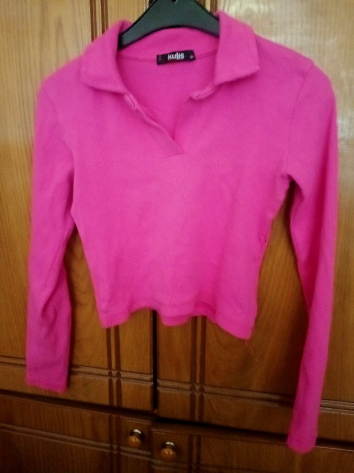 bayan Pembe Uzun Kollu Polo Tişört - Görsel 4