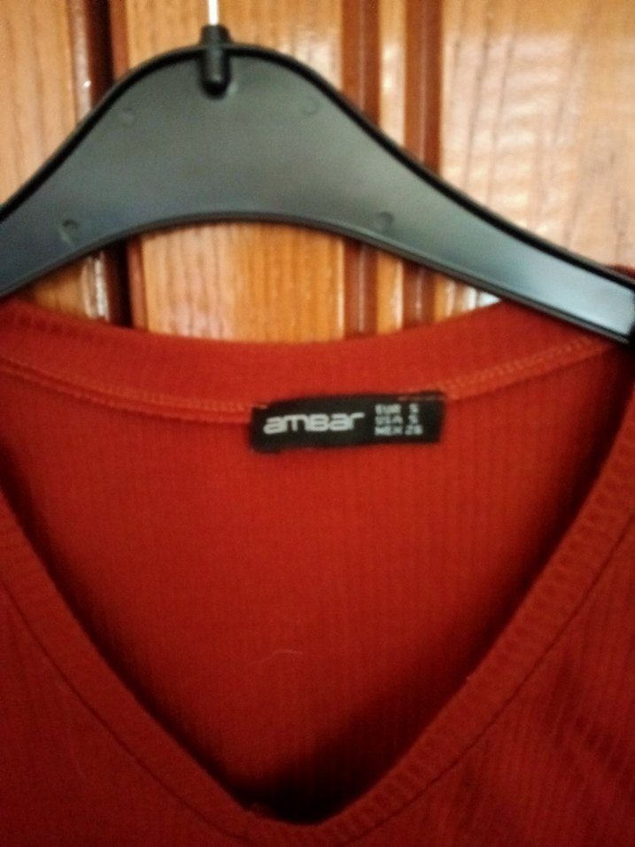 V Yaka Kahverengi Kısa Kollu Kadın Tişört - Görsel 3