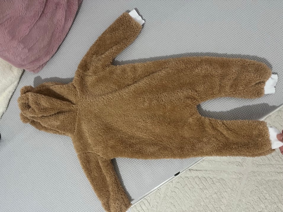 Kahverengi Peluş Bebek Tulumu Kulaklı Kapüşon - Görsel 2
