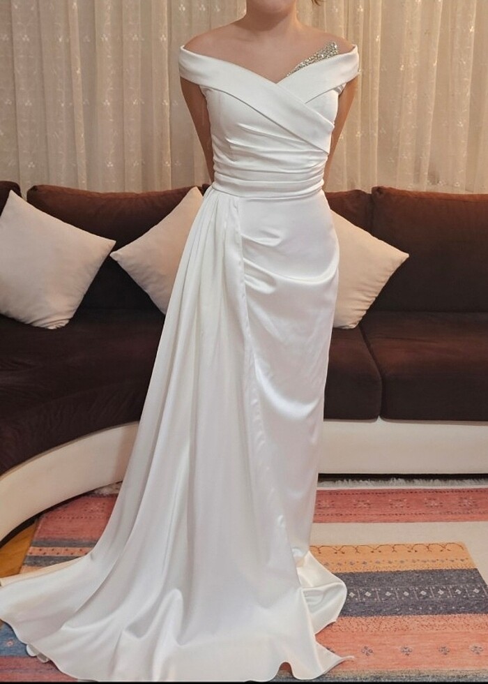 Beyaz Abiye saten taşlı nikah elbisesi,söz, nişan elbisesi - Görsel 2