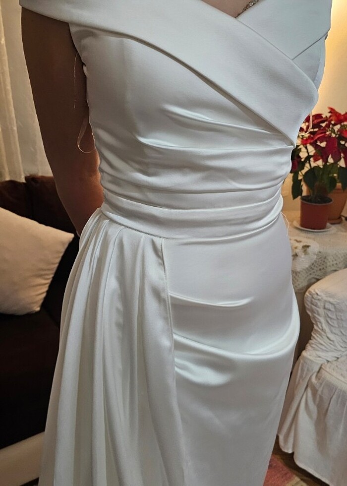 Beyaz Abiye saten taşlı nikah elbisesi,söz, nişan elbisesi - Görsel 4