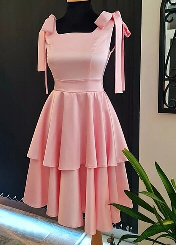 Saten mezuniyet elbisesi toz pembe  - Görsel 3