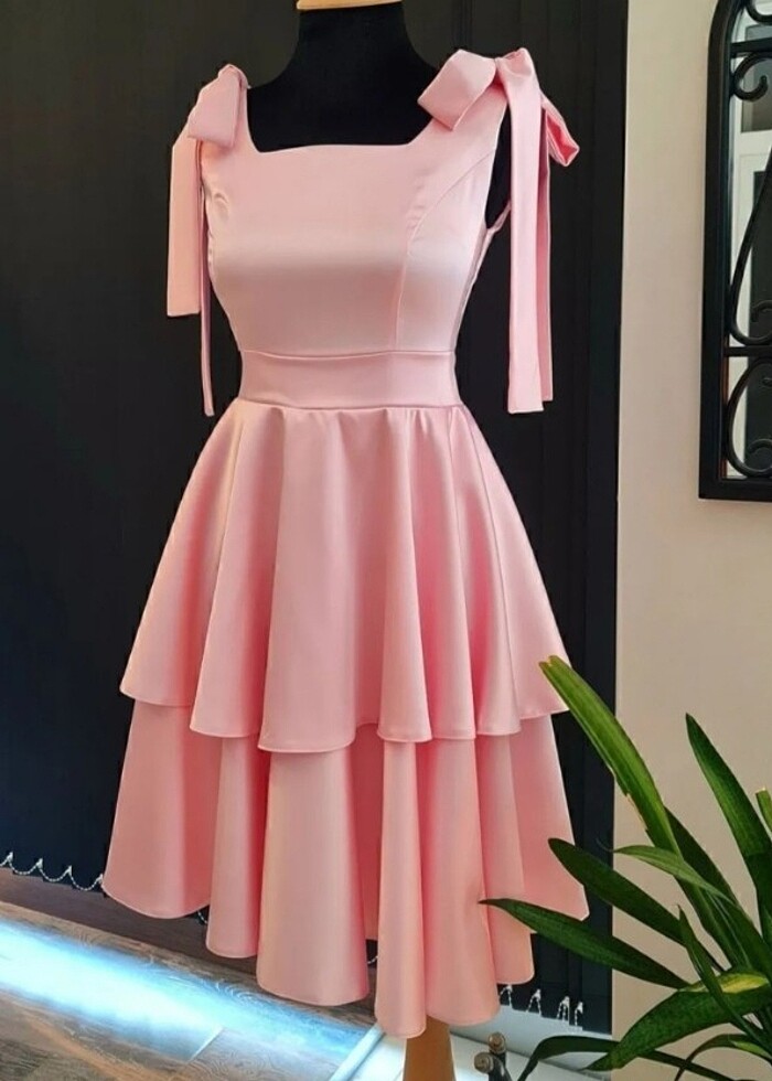 Saten mezuniyet elbisesi toz pembe  - Görsel 3