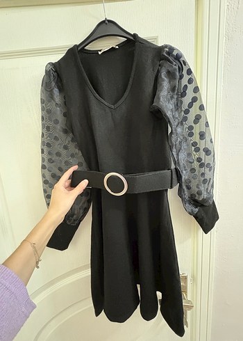 Siyah Kolları Tül Detaylı Elbise - Görsel 2