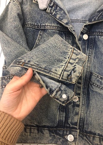 Kadın kapüşonlu kot ceket - Görsel 6