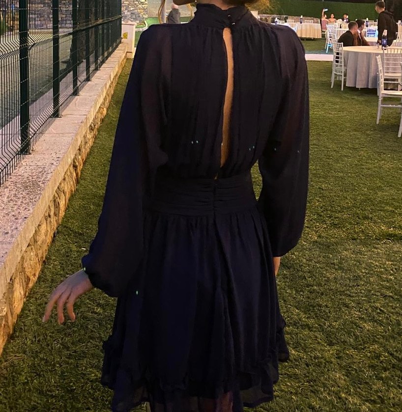 Lacivert Mini Uzun Kollu Fırfırlı Elbise - Görsel 5