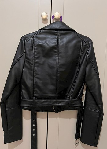 Kadın Siyah Deri Biker Ceket - Görsel 3