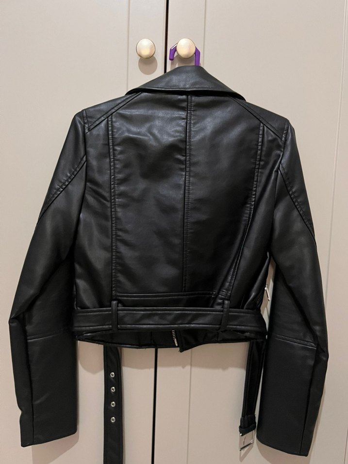 Kadın Siyah Deri Biker Ceket - Görsel 3