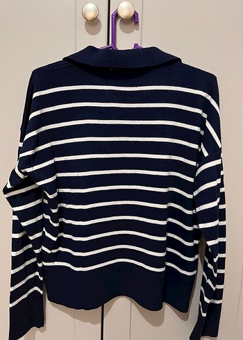 Çizgili Polo Yaka Kadın Kazak - Görsel 3