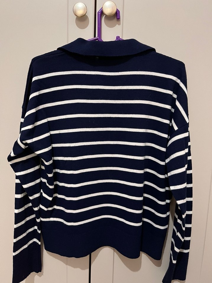 Çizgili Polo Yaka Kadın Kazak - Görsel 3