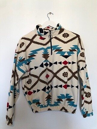 Etnik desenli fermuar detayli polar sweatshirt