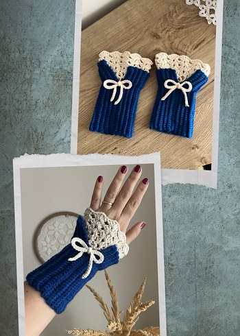 Dantel Detaylı Mavi Örgü Kadın Eldiveni - Görsel 3