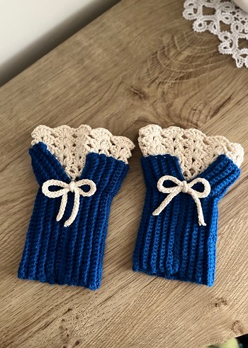 Dantel Detaylı Mavi Örgü Kadın Eldiveni - Görsel 2