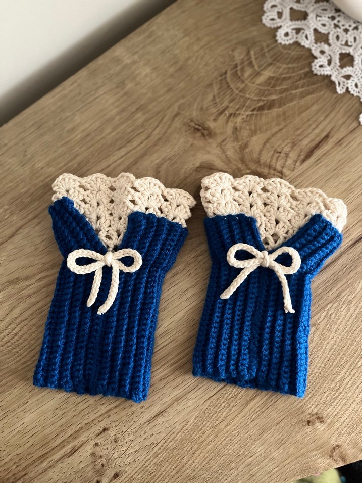 Dantel Detaylı Mavi Örgü Kadın Eldiveni - Görsel 2