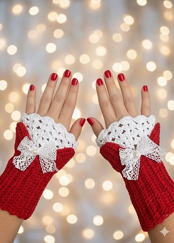 Dantel Detaylı Kırmızı Örgü Kadın Eldiveni - Görsel 2