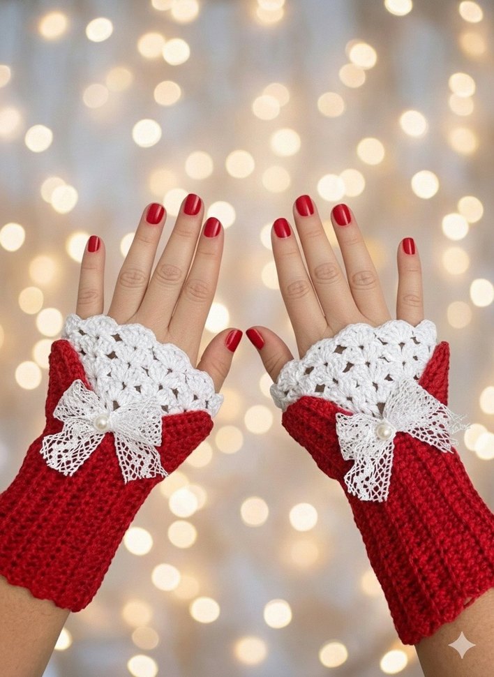 Dantel Detaylı Kırmızı Örgü Kadın Eldiveni - Görsel 2