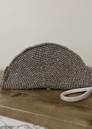 Simli ve pullu Bej Örgü Kadın Clutch Çanta