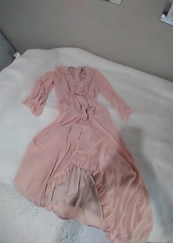 Pudra Pembe Uzun Drapeli Kadın Elbise