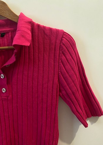 Düğmeli Pembe Kısa kollu triko - Görsel 2