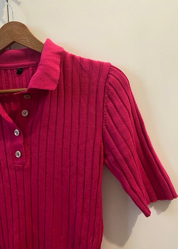 Düğmeli Pembe Kısa kollu triko - Görsel 3