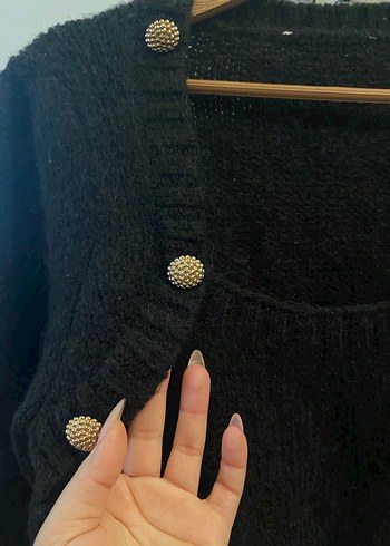 Düğmeli Siyah Fitilli Triko Kazak - Görsel 4