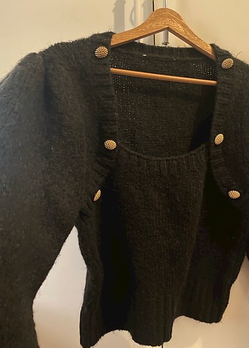 Düğmeli Siyah Fitilli Triko Kazak - Görsel 3