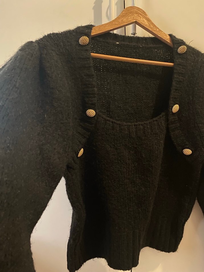 Düğmeli Siyah Fitilli Triko Kazak - Görsel 3