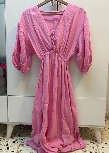 Pembe V Yaka  Uzun Keten Elbise - Görsel 2