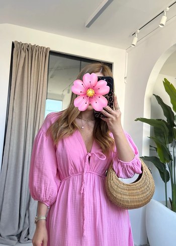 Pembe V Yaka  Uzun Keten Elbise - Görsel 4