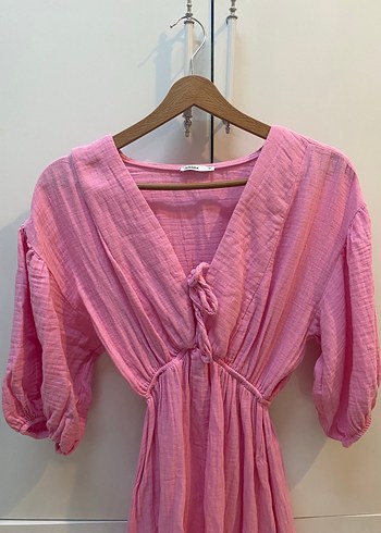 Pembe V Yaka  Uzun Keten Elbise - Görsel 3