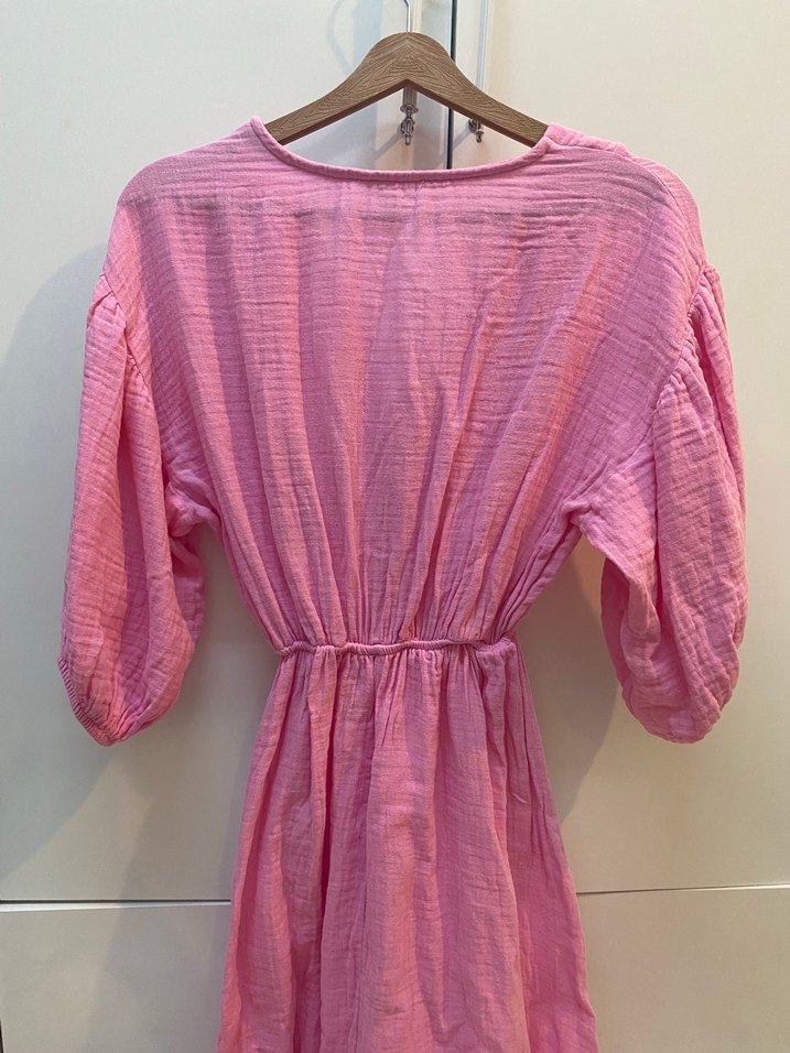 Pembe V Yaka  Uzun Keten Elbise - Görsel 5