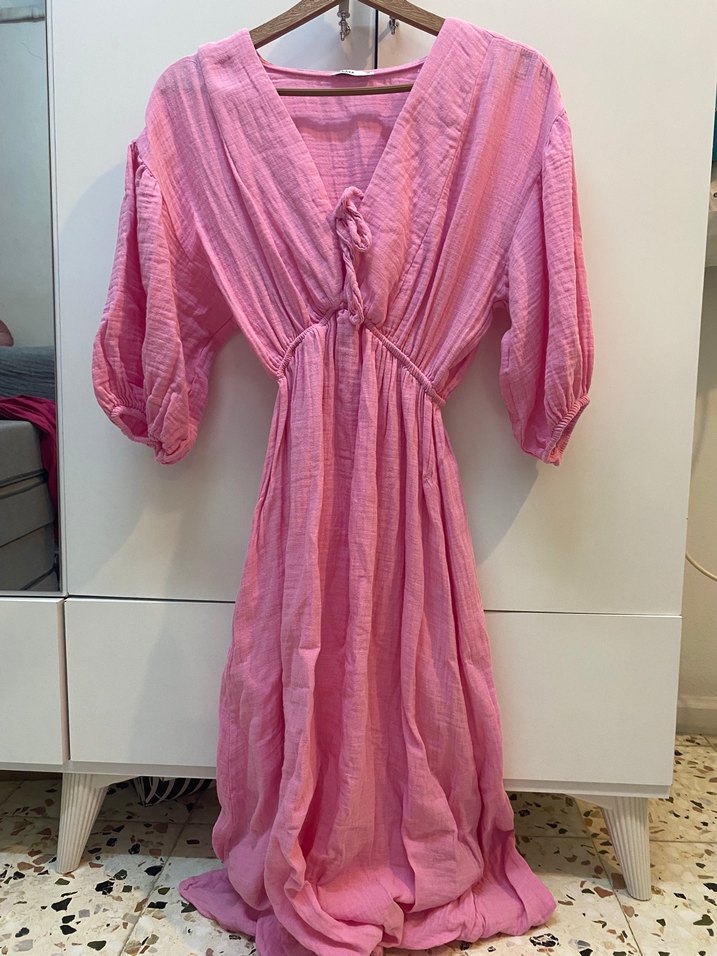 Pembe V Yaka  Uzun Keten Elbise - Görsel 2