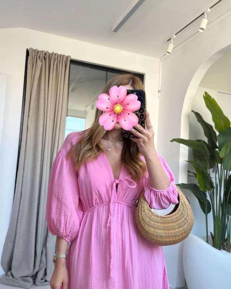 Pembe V Yaka  Uzun Keten Elbise - Görsel 4