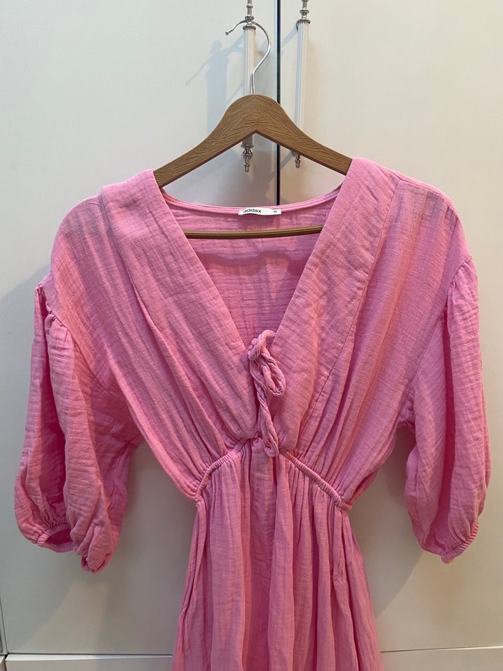 Pembe V Yaka  Uzun Keten Elbise - Görsel 3