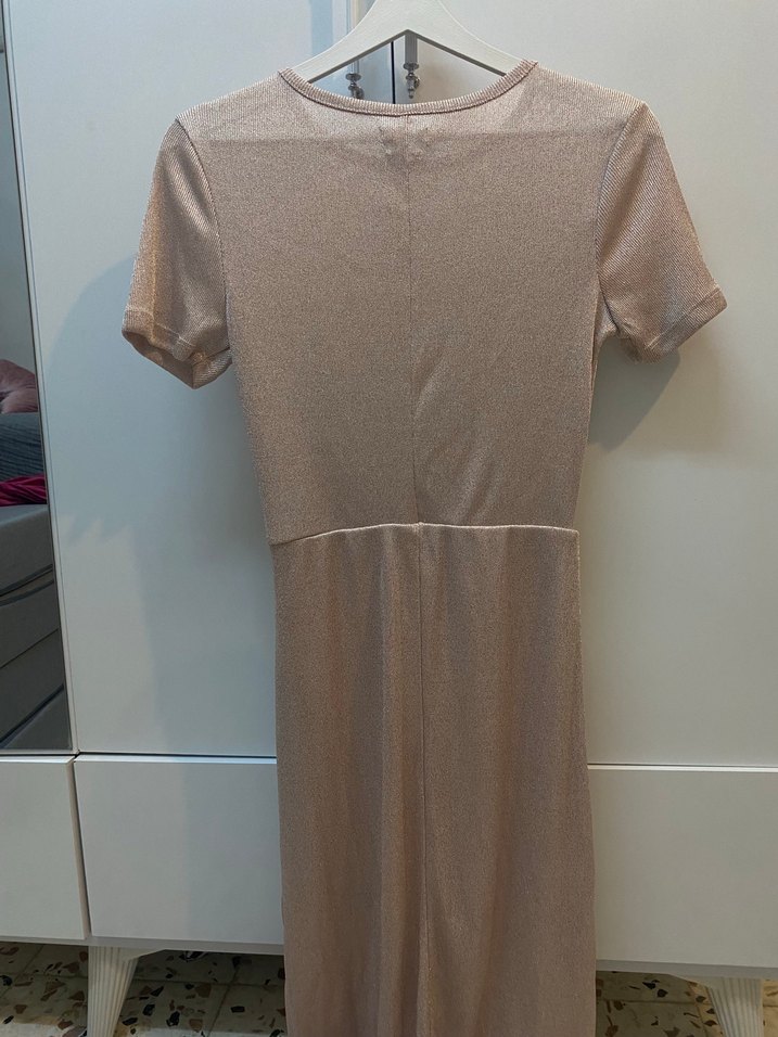 Bej Uzun Drapeli Kadın Elbise - Görsel 4