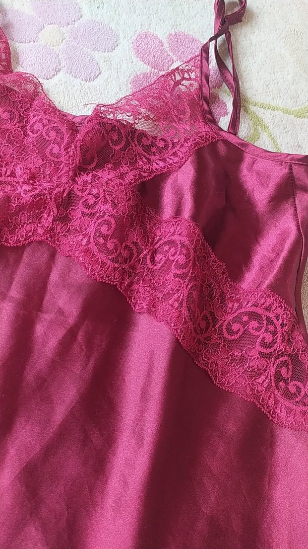 Bordo Dantel Detaylı Saten Gecelik - Görsel 5