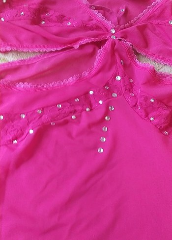 Pembe Nakışlı Bant Askılı Midi Gecelik - Görsel 2