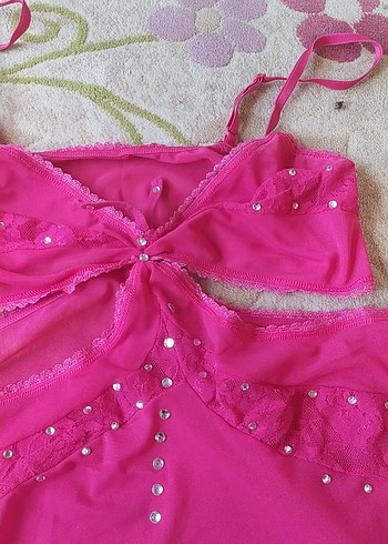 Pembe Nakışlı Bant Askılı Midi Gecelik - Görsel 4