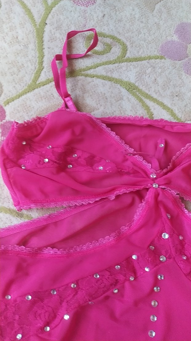 Pembe Nakışlı Bant Askılı Midi Gecelik - Görsel 3